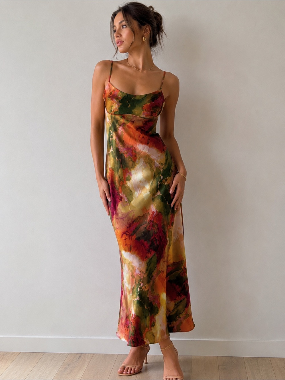 Micas XS Y2K Abstract Floral Satin Maxi Slip Dress Watercolor Print Wedding Boho